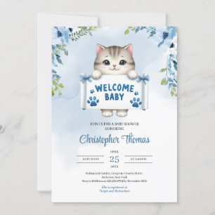 Watercolor baby kitty with sign says Welcome baby Invitation