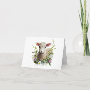 Watercolor Baby Lamb with Flower BLANK Card