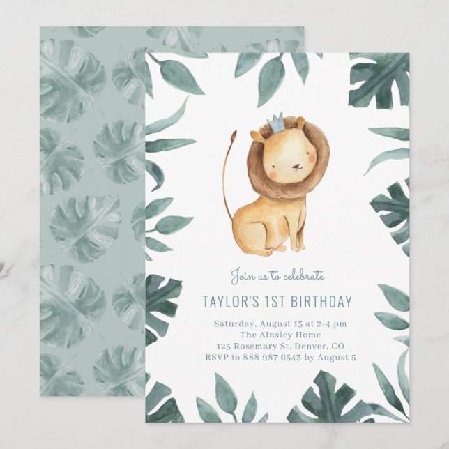Watercolor Baby Lion Prince Greenery Birthday Invitation (Front/Back)