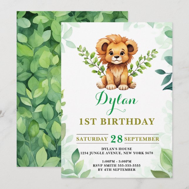 Watercolor Baby Lion Prince Greenery Birthday Invitation (Front/Back)