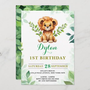 Watercolor Baby Lion Prince Greenery Birthday Invitation