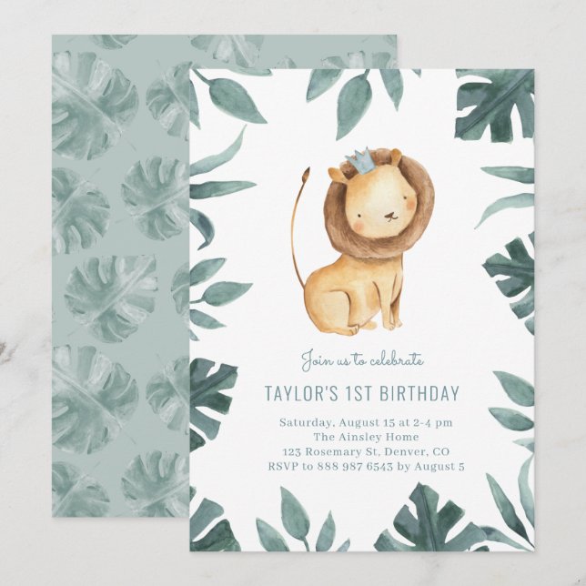 Watercolor Baby Lion Prince Safari Birthday Party Invitation (Front/Back)