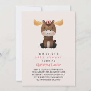Watercolor Baby Moose Cute Whimsical Baby Girl Invitation