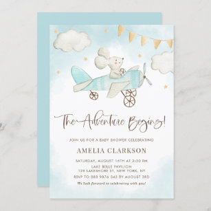 Watercolor Baby Mouse Aeroplane Blue Baby Shower Invitation