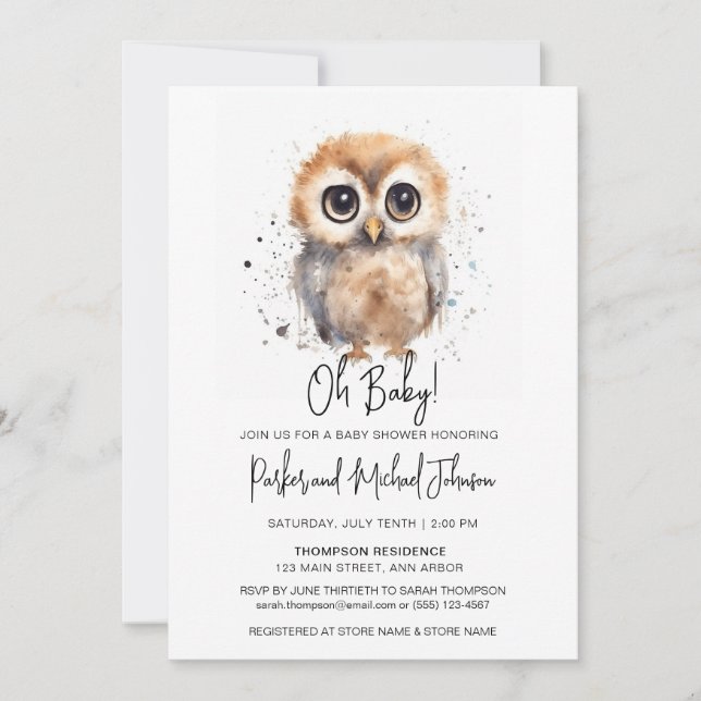 Watercolor Baby Owl Gender Neutral Baby Shower Invitation (Front)