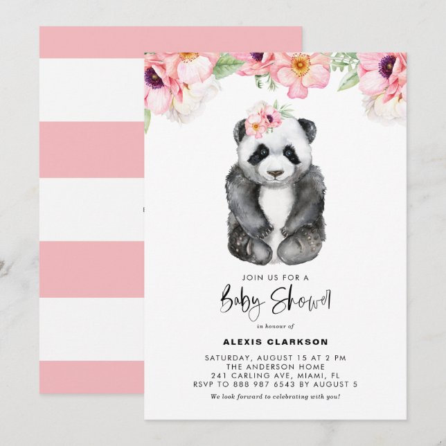 Watercolor Baby Panda Pink Anemones Baby Shower Invitation (Front/Back)