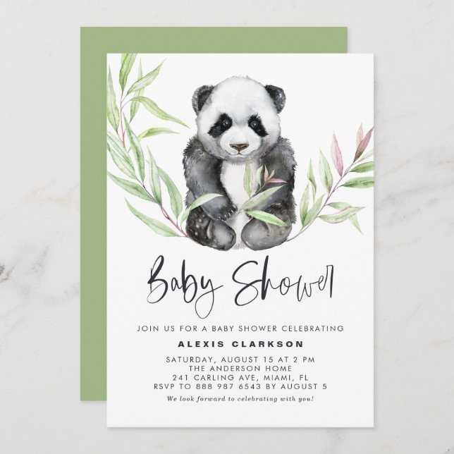 Watercolor Baby Panda with Greenery Baby Shower Invitation (Front/Back)