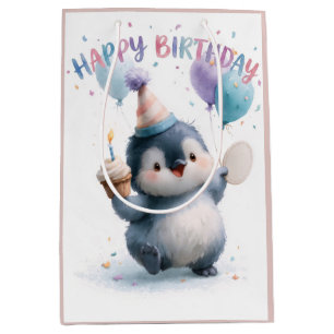 Watercolor Baby Penguin Happy Birthday Greeting Medium Gift Bag