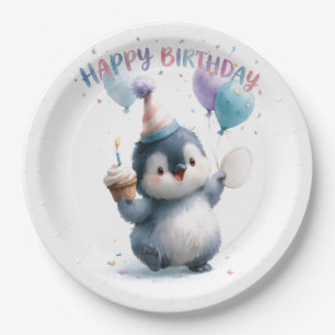 Watercolor Baby Penguin Happy Birthday Greeting Paper Plate