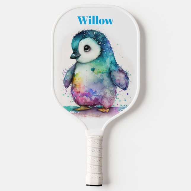 Watercolor Baby Penguin Modern Monogram Pickleball Pickleball Paddle (Back)