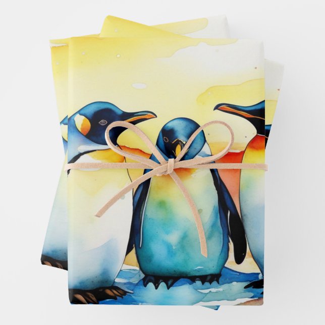 Watercolor Baby Penguin Playing in Snow Wrapping Paper Sheet (In situ)