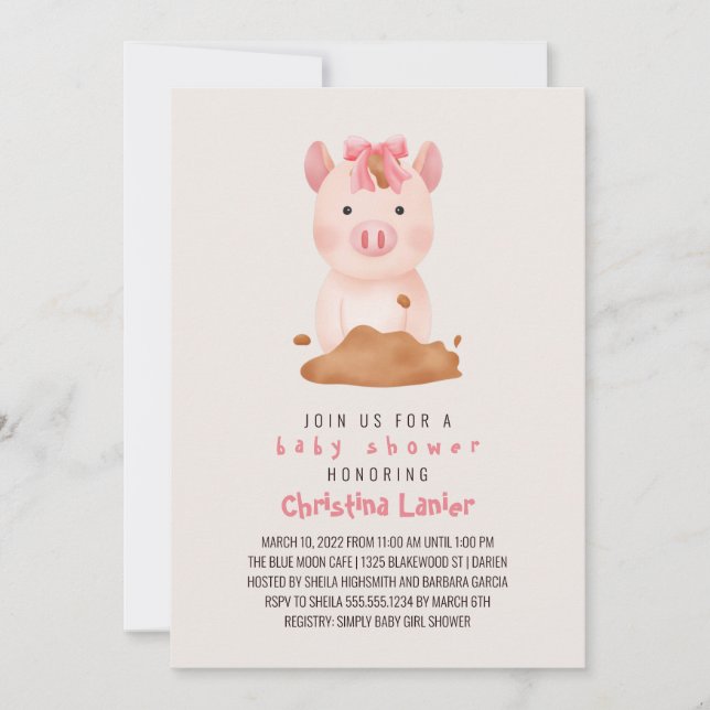 Watercolor Baby Pig Cute Whimsical Baby Girl Invitation (Front)