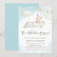 Watercolor Baby Pig Vintage Car Blue Baby Shower