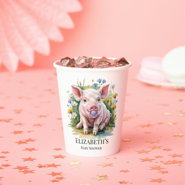Watercolor Baby Pig Wildflowers Baby Shower Paper Cups (Insitu)