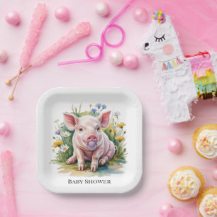 Watercolor Baby Pig Wildflowers Baby Shower Paper Plate