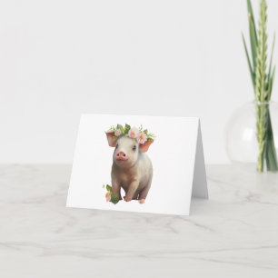 Watercolor Baby Piglet with Flowers on Head BLANK Card