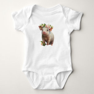 Watercolor Baby Piglet with Flowers on Head  Bodysuit