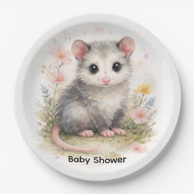 Watercolor Baby Possum Baby Shower Paper Plate (Front)