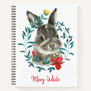 Watercolor Baby Rabbit Floral Wreath Personalised Notebook
