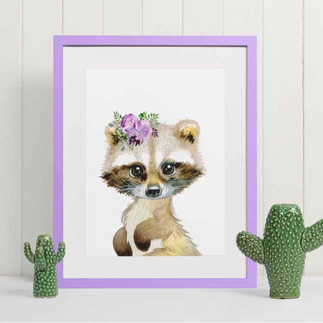 Watercolor Baby Raccoon Woodland Nursery Floral Poster (Creator Uploaded)