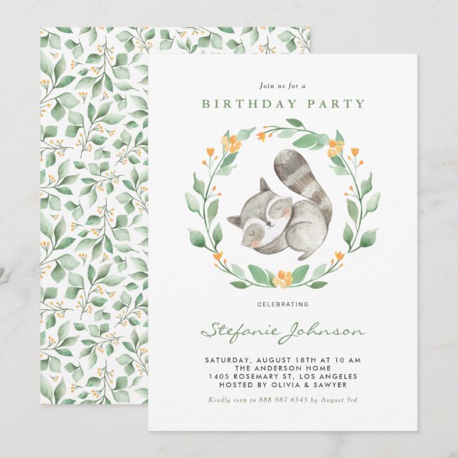 Watercolor Baby Racoon Wreath Kids Birthday Invitation (Front/Back)