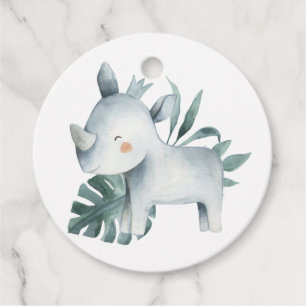 Watercolor Baby Rhinoceros Prince Jungle Birthday Favour Tags