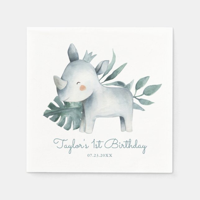Watercolor Baby Rhinoceros Tropical Birthday Napkin (Front)