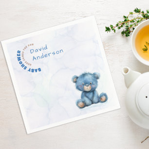 Watercolor baby shower boy blue teddy bear napkin