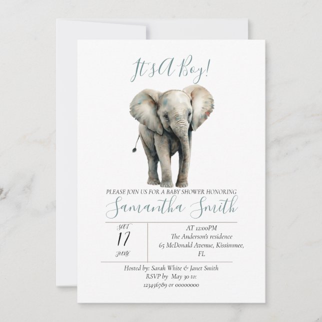 Watercolor Baby Shower Elephant Invitation (Front)