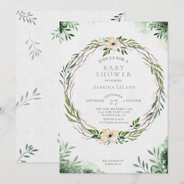 Watercolor Baby Shower Greenery Wreath Invitation (Front/Back)
