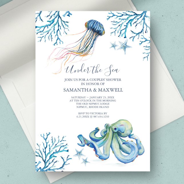 Watercolor Baby Shower Invitation Under The Sea (Under the sea baby shower theme unique watercolor art by Victoria Grigaliunas of Do Tell A Belle)