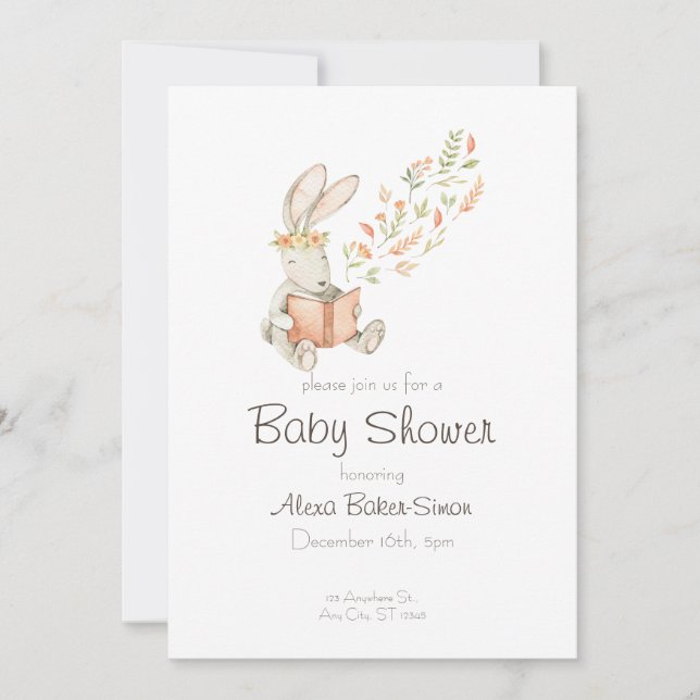 Watercolor baby shower invitation with baby bunny (Front)