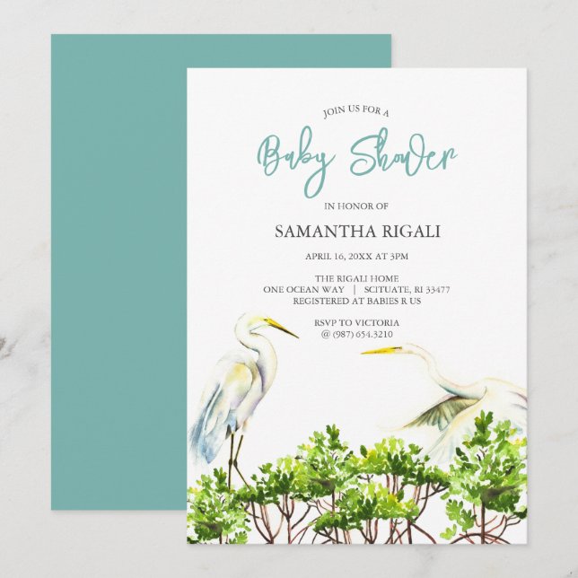 watercolor Baby Shower White Heron Mangroves Invitation (Front/Back)