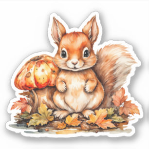 Watercolor Baby Squirrel, Mushrooms and Acorns