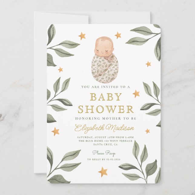 Watercolor Baby Stars Greenery Baby Shower Invitation (Front)