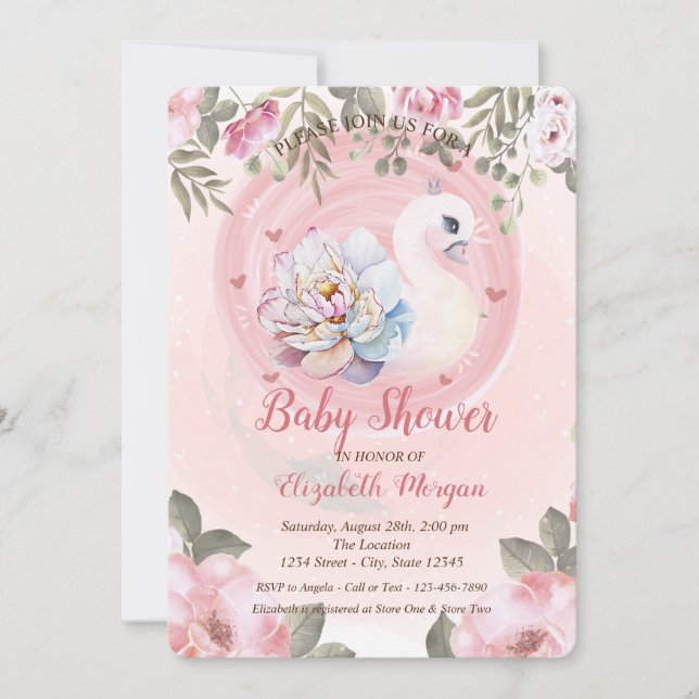 Watercolor Baby Swan Floral Baby Shower  Invitation (Front)