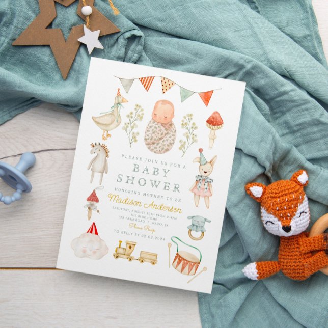 Watercolor Baby Toys Clothes Esentials Baby Shower Invitation (Creator Uploaded)