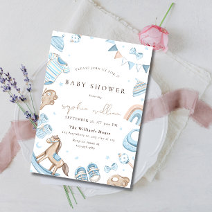Watercolor Baby Toys & Rocking Horse Baby Shower Invitation