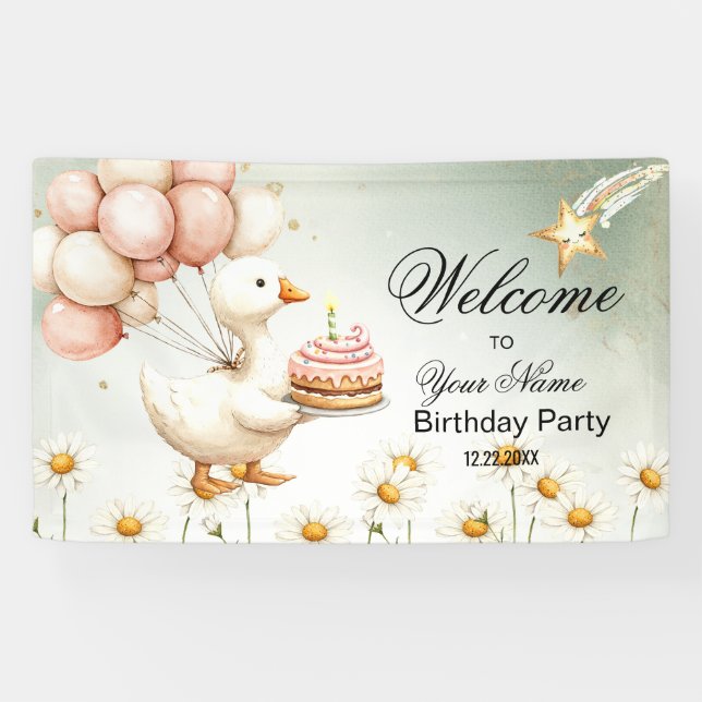 Watercolor Baby White Goose Birthday Party Banner (Horizontal)