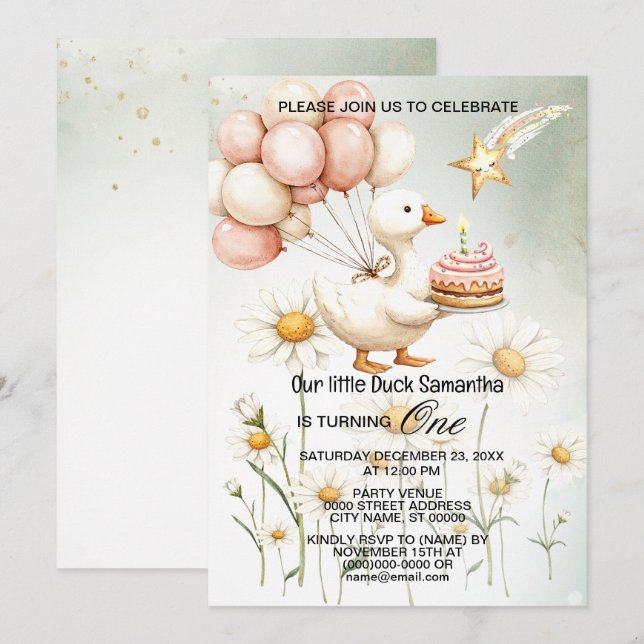 Watercolor Baby White Goose Birthday Party Cute  Invitation (Front/Back)