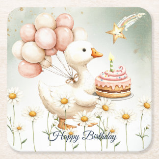 Watercolor Baby White Goose Birthday Party Cute Square Paper Coaster