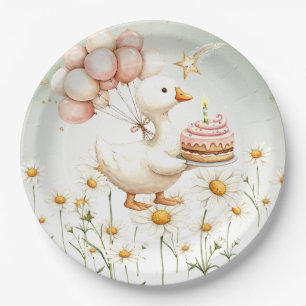 Watercolor Baby White Goose Birthday Party Paper Plate