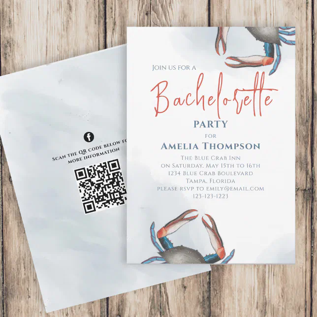 Watercolor Bachelorette Party Blue Crab QR Code Invitation | Zazzle