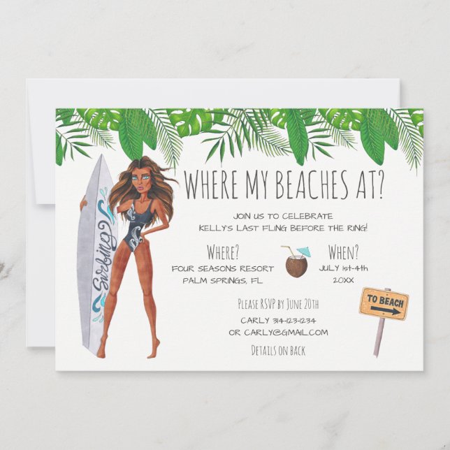Watercolor Bachelorette Surf Beach Party Invitation (Front)