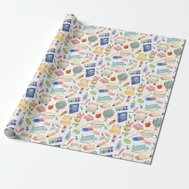 Watercolor Back to School Supplies Wrapping Paper (Unrolled)