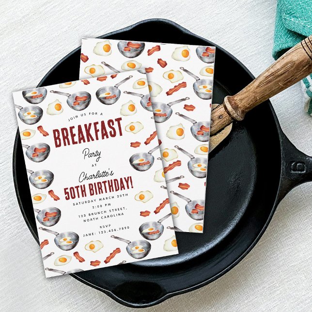 Watercolor Bacon & Eggs Breakfast Brunch Birthday Invitation (Watercolor Bacon & Eggs Breakfast Brunch Birthday Invitation)