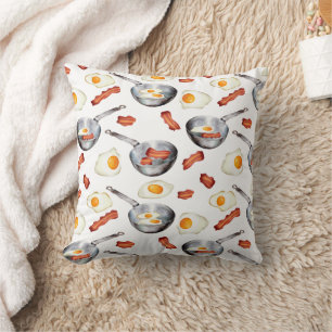 Watercolor Bacon & Eggs Breakfast Food Pattern Cushion