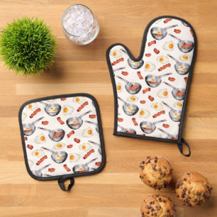 Watercolor Bacon & Eggs Breakfast Food Pattern Oven Mitt & Pot Holder Set