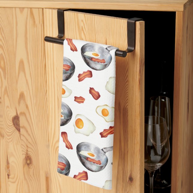 Watercolor Bacon & Eggs Breakfast Food Pattern Tea Towel (Thirds Fold)