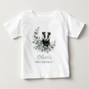 Watercolor Badger First Birthday Boy Theme Baby T-Shirt